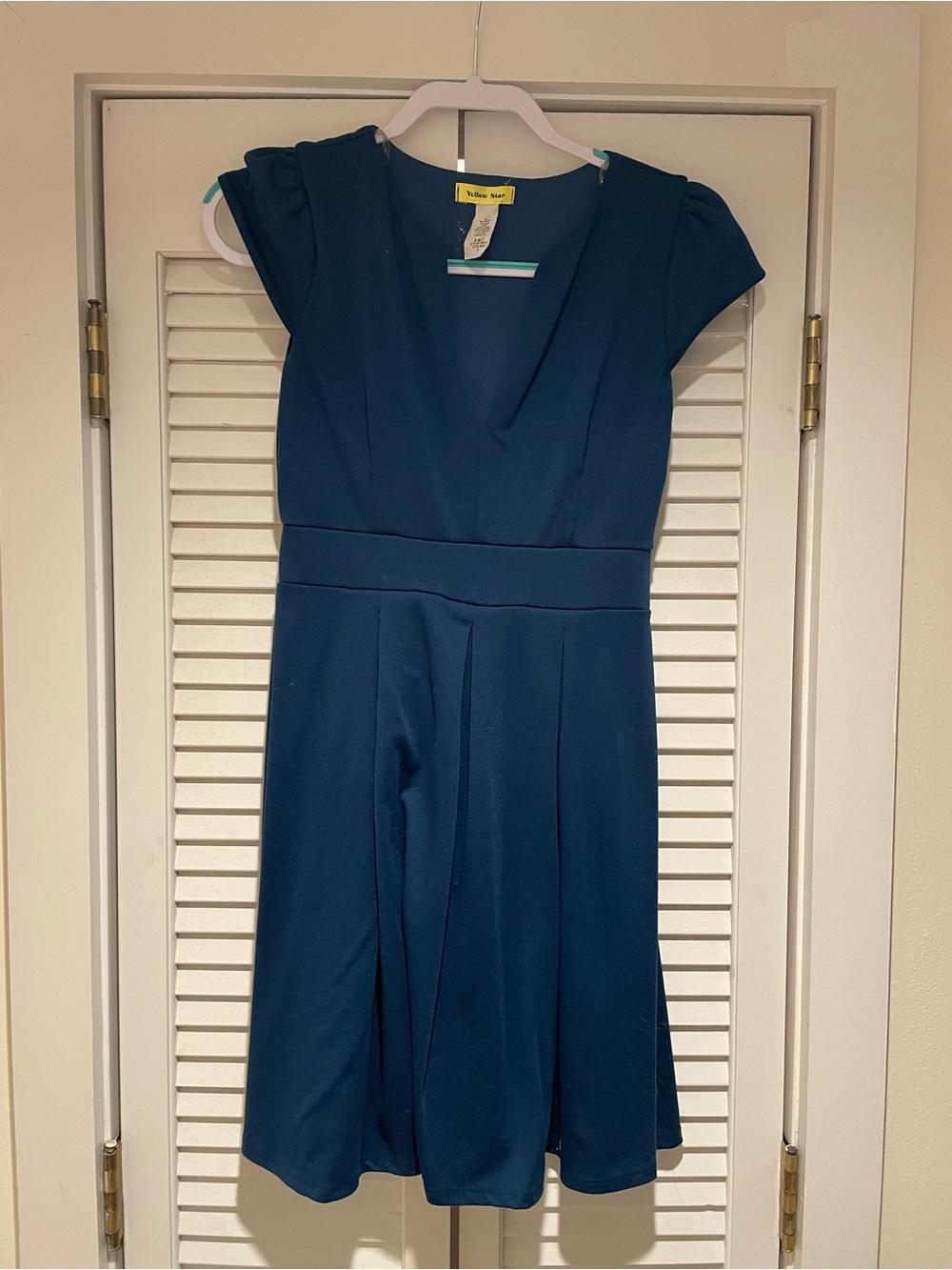Teal V-Neck Cap-Sleeve Fit & Flare Midi Dress